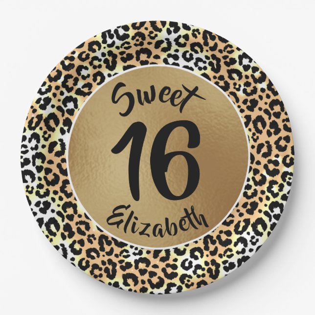 Plato De Papel Moda Leopard Print Sweet 16 Cumpleaños (Anverso)