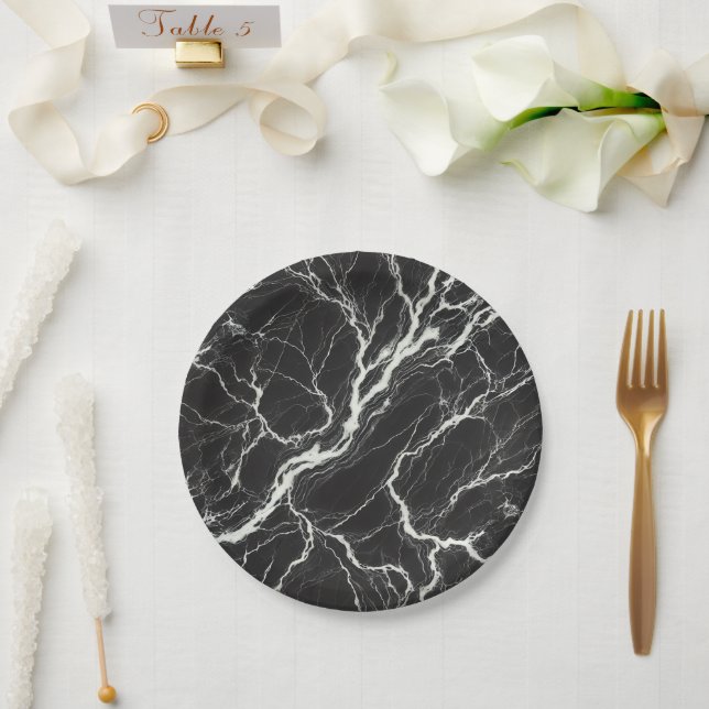 Plato De Papel Moda Marble blanco y negro glamour (Boda)