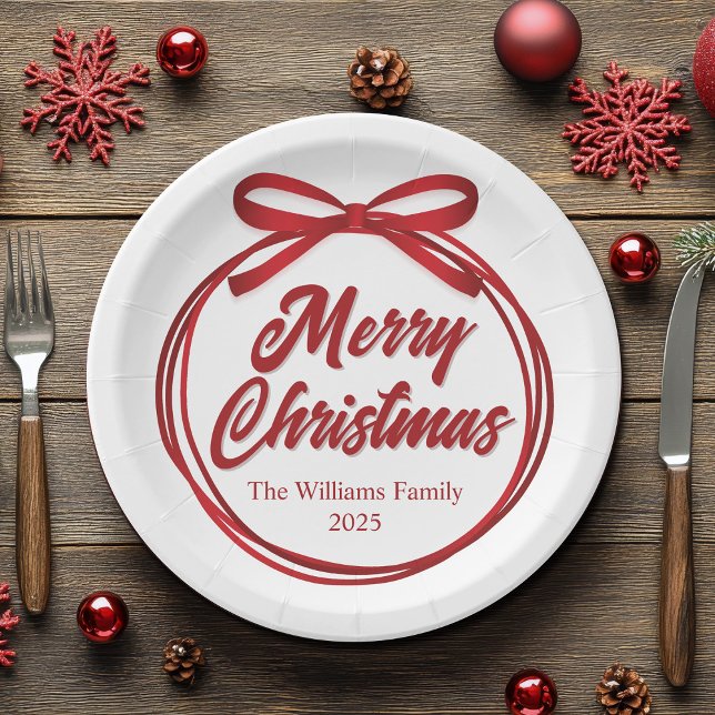Plato De Papel Moda Merry Christmas Script Red Ribbon Bow Fiesta (Subido por el creador)