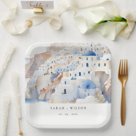 Plato De Papel Moda mínima Santorini Grecia Boda acuarela