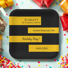 Plato De Papel Moda minimal elegante de color negro y oro 50 cump