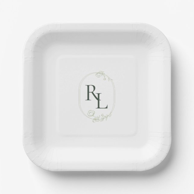 Plato De Papel Moda Mint Green Couple Monograma Boda (Anverso)