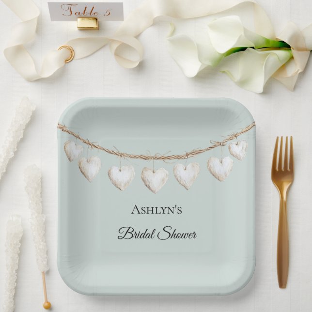 Plato De Papel Moda Mint Green White Hearts Bridal Shower (Boda)