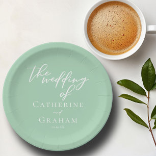 Plato De Papel Moda Mint Green White Script Boda personalizado