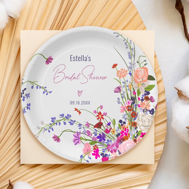 Plato De Papel Moda moderna de flores silvestres guión de lluvia  (Modern chic wild flowers script bridal shower paper plates)
