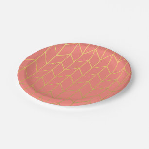 Plato De Papel Moda moderna del fondo rosado coralino de Chevron