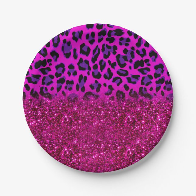 Plato De Papel Moda moderna rosa morado Purpurina leopardo (Anverso)