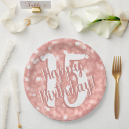 Plato De Papel Moda Moderno Rosa Luces 15 Feliz cumpleaños