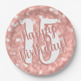Plato De Papel Moda Moderno Rosa Luces 15 Feliz cumpleaños