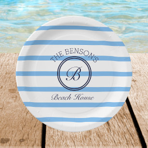 Plato De Papel Moda Monograma Blue Stripes Family Beach House