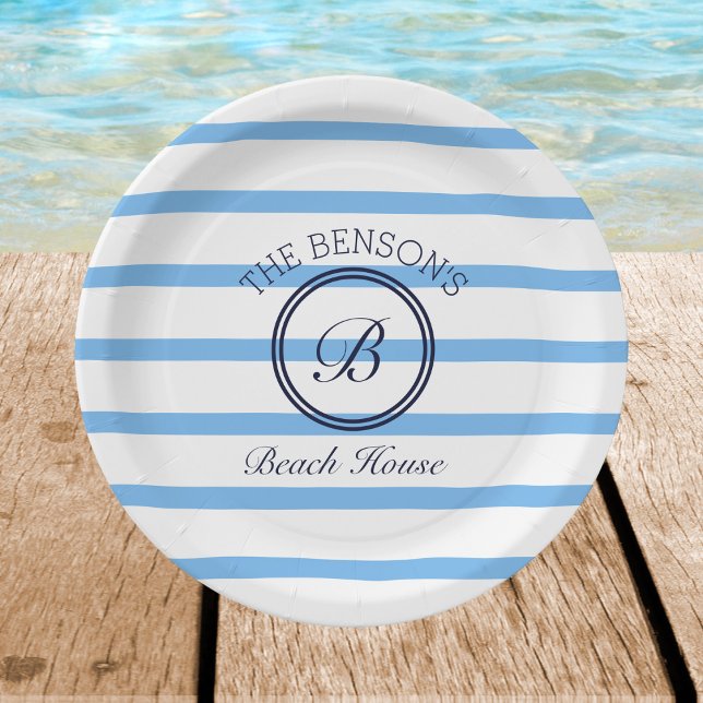 Plato De Papel Moda Monograma Blue Stripes Family Beach House (Subido por el creador)