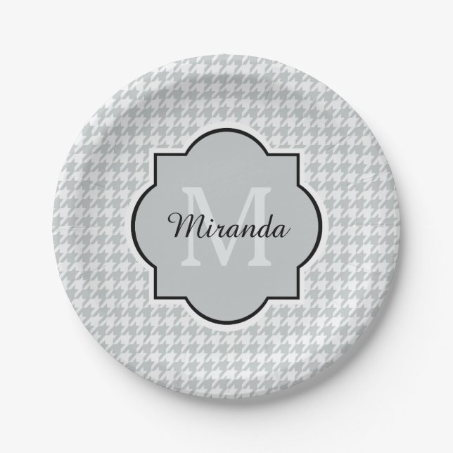 Plato De Papel Moda Monograma Grasa Gris Suave Con Nombre (Anverso)