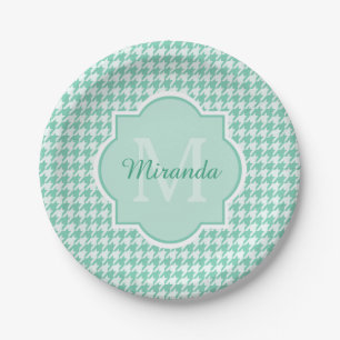 Plato De Papel Moda Monograma Mint Green Houndstoth Con Nombre