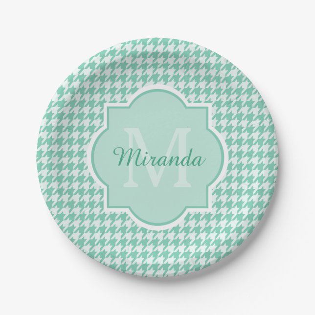 Plato De Papel Moda Monograma Mint Green Houndstoth Con Nombre (Anverso)
