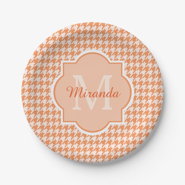 Plato De Papel Moda Monograma Naranja Houndstoth Con Nombre (Anverso)
