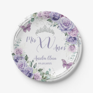Plato De Papel Moda Morado Lilac Floral Butterflies Quinceañera