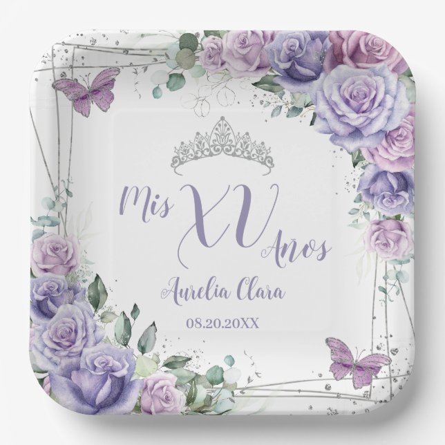 Plato De Papel Moda Morado Lilac Floral Butterflies Quinceañera (Anverso)