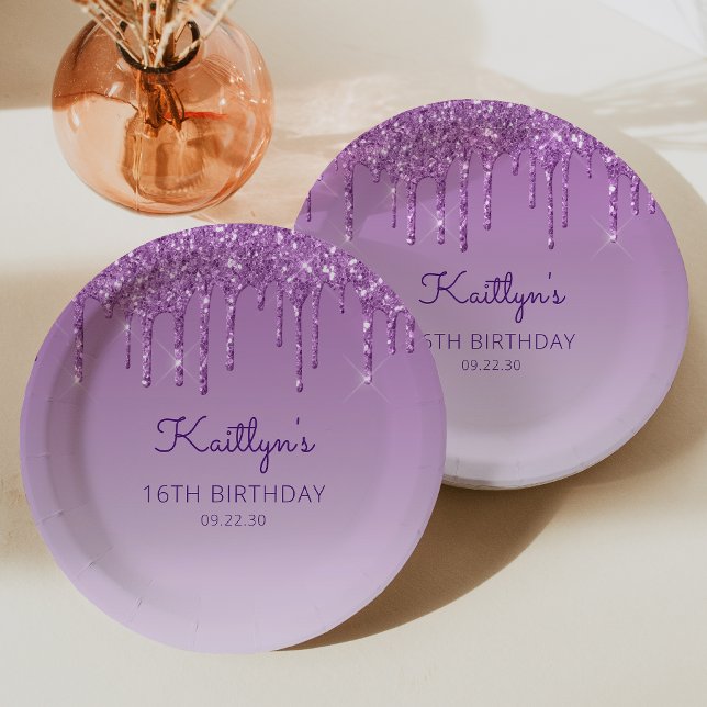Plato De Papel Moda Morado Purpurina Drip 16º cumpleaños (Subido por el creador)