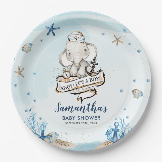 Plato De Papel Moda Nautical Cute Elephant Boy Baby Shower (Anverso)