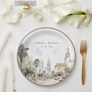 Plato De Papel Moda Orlando Florida Skyline Watercolor Boda