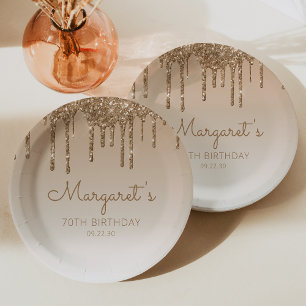 Plato De Papel Moda Oro Purpurina Drip 70 cumpleaños