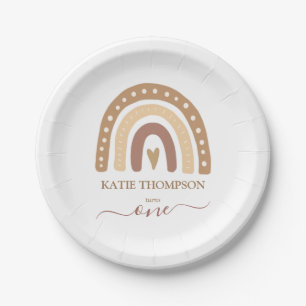 Plato De Papel Moda Pastel Brown Rainbow Boho Primer cumpleaños