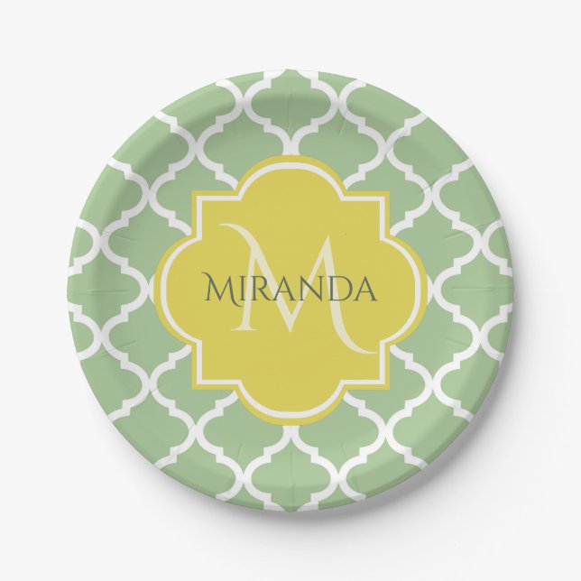 Plato De Papel Moda Pastel Verde Quatrefoil Amarillo Nombre Monog (Anverso)