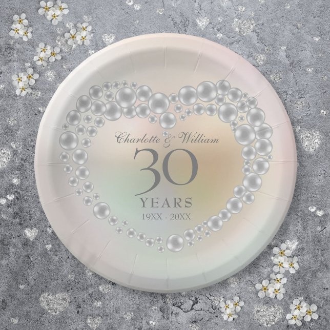 Plato De Papel Moda Pearl Heart 30 aniversario Boda (Chic Pearl Heart 30th Wedding Anniversary Paper Plates)