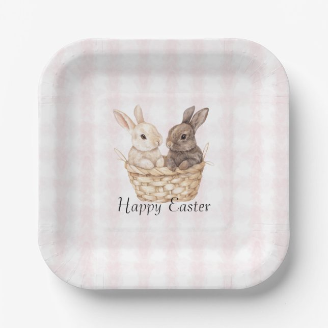 Plato De Papel Moda Pink Plaid Stripes Bunnies en una canasta Pas (Anverso)