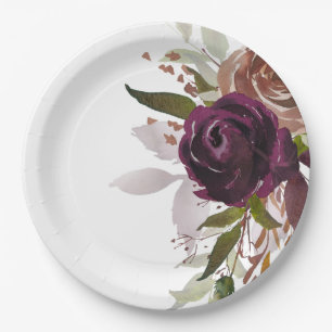 Plato De Papel Moda Pluma púrpura y Boda floral de oro