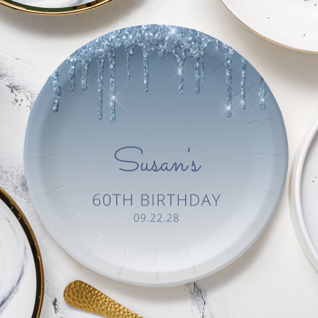 Plato De Papel Moda Purpurina Azul Drip 60 cumpleaños (Subido por el creador)