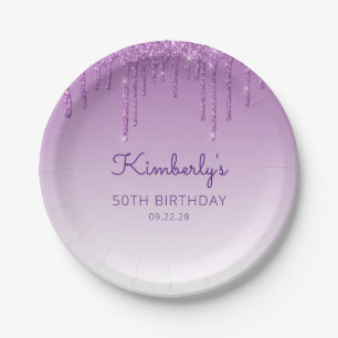 Plato De Papel Moda Purpurina morado Drip 50 cumpleaños