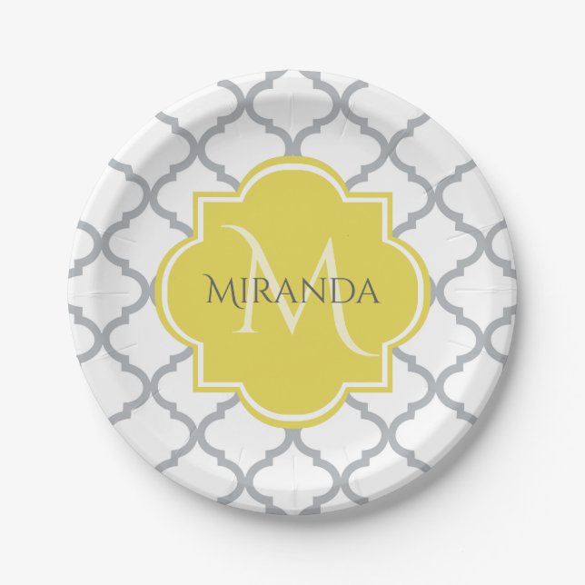 Plato De Papel Moda Quatrefoil gris blanco Monogramo amarillo Nom (Anverso)