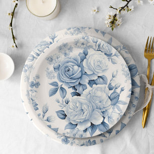 Plato De Papel Moda romántica Rosas anticuados y azules