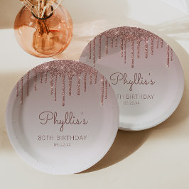 Plato De Papel Moda Rosa Purpurina de oro Drip 80th Birthday Part