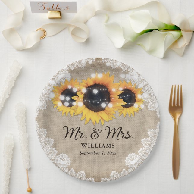 Plato De Papel Moda Rústica Burlap Boda de girasol (Boda)