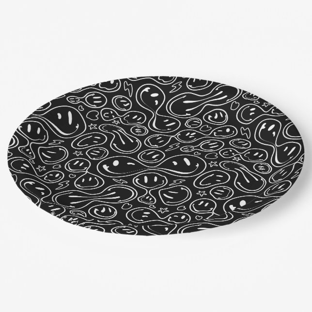 Plato De Papel Moda Sonriente Cara Mellado Patrón sonriente Negro (Angular)
