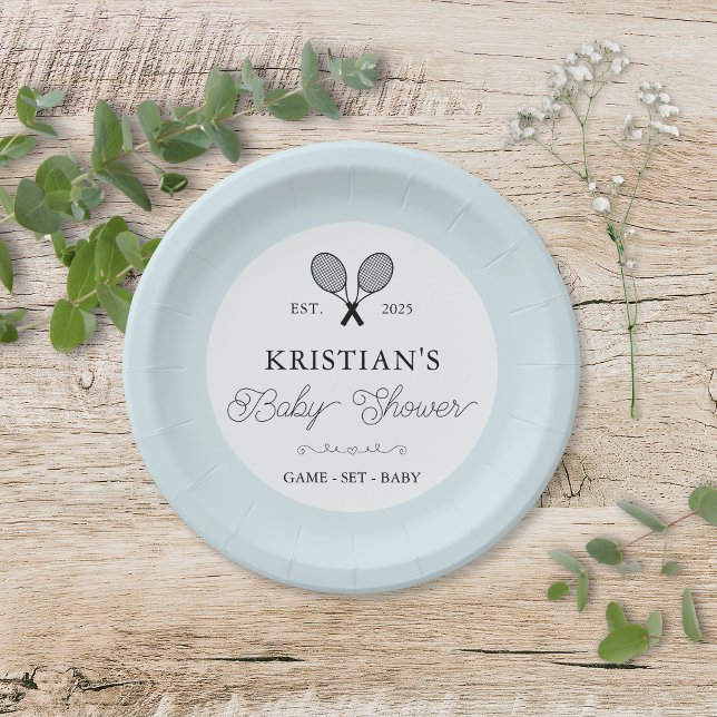 Plato De Papel Moda temática de tenis azul preppy Baby Shower (elegant blue tennis theme baby shower paper plates with personalized text for preppy chic events)