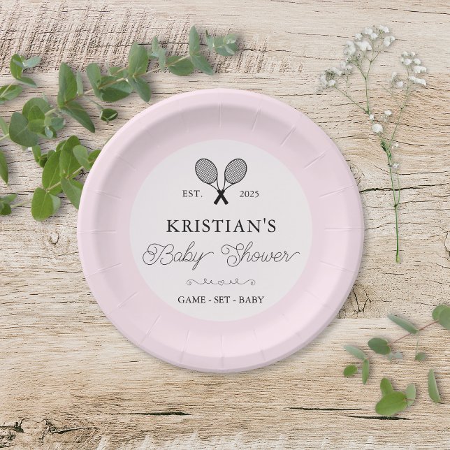 Plato De Papel Moda temática de tenis rosa preppy Baby Shower (elegant blush pink baby shower paper plates for tennis theme country club chic preppy events)