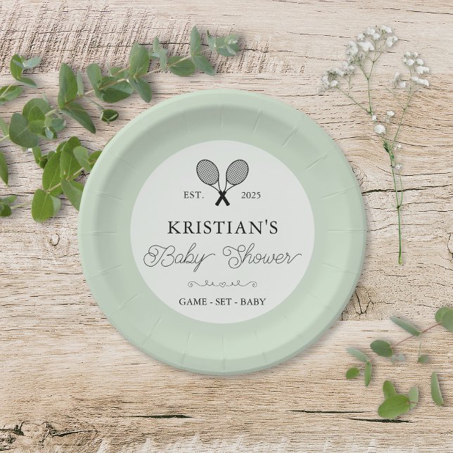 Plato De Papel Moda temática de tenis verde perrito Baby Shower (green tennis theme baby shower paper plates for upscale preppy chic country club events with names)