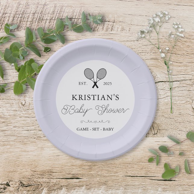 Plato De Papel Moda temática Preppy Purple Tennis Baby Shower (elegant purple tennis theme chic preppy baby shower paper plates for upscale trendy country club)