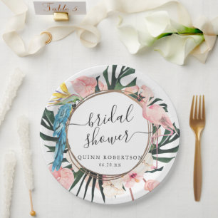 Plato De Papel Moda tropical Flamingo Floral Bridal Shower