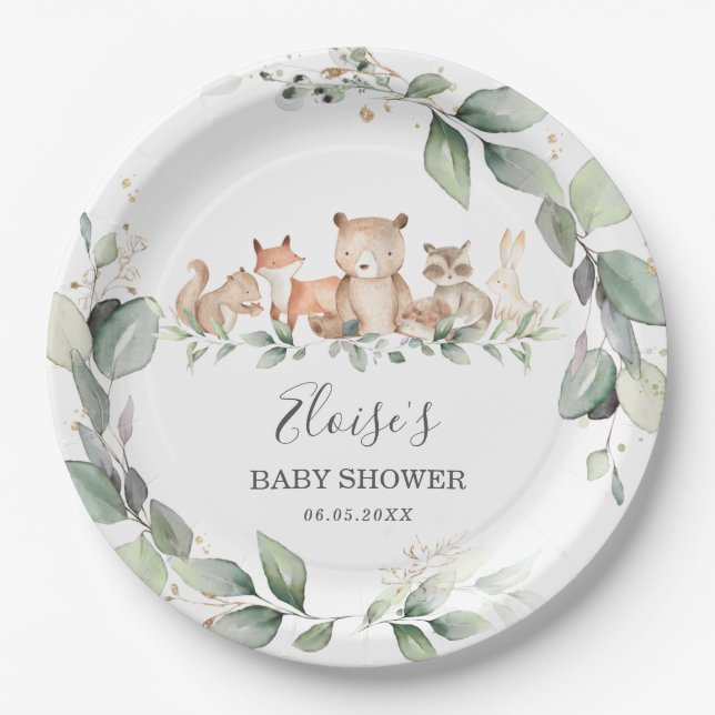Plato De Papel Moda vegetal Animales Woodland Baby Shower Neutral (Anverso)