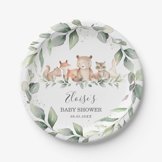 Plato De Papel Moda vegetal Animales Woodland Baby Shower Neutral (Anverso)
