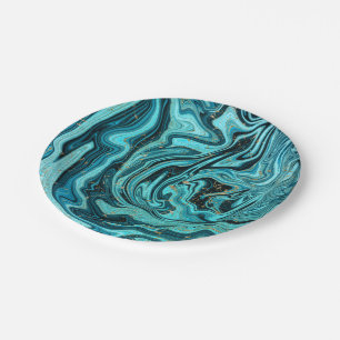 Plato De Papel Moda verde azulada azul y oro Swirl Boda moderno