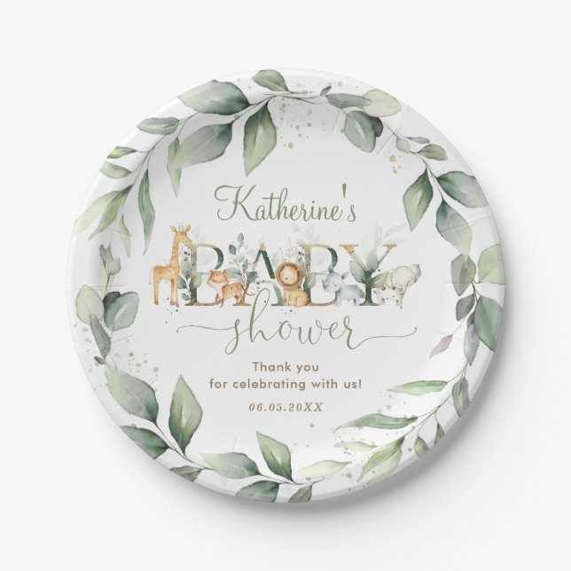 Plato De Papel Moda verde jungla animales Baby Shower Neutral (Anverso)
