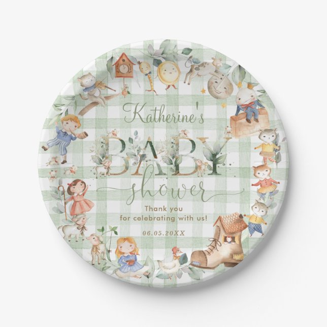 Plato De Papel Moda Verde Nursery Rhyme Baby Shower Neutral (Anverso)