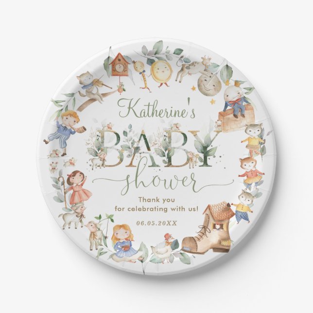 Plato De Papel Moda Verde Nursery Rhyme Baby Shower Neutral (Anverso)