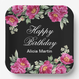 Plato De Papel Moda Violeta Roja Rosa Peony Floral Black Birday