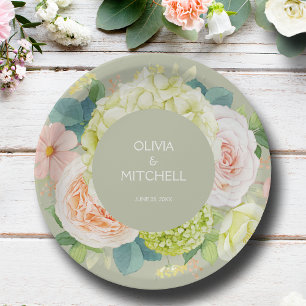 Plato De Papel Moda Watercolor Florals Sage Green Boda